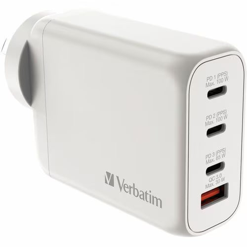 Verbatim 100 W AC Adapter - 1 Pack - Universal Adapter - 1 USB - 3 USB Type-C - For Notebook, Tablet PC, Smartphone, Gaming Console, MacBook Pro, iPhone - White