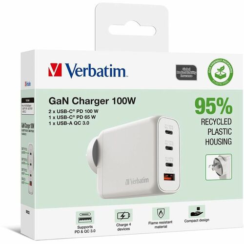 Verbatim 100 W AC Adapter - 1 Pack - Universal Adapter - 1 USB - 3 USB Type-C - For Notebook, Tablet PC, Smartphone, Gaming Console, MacBook Pro, iPhone - White