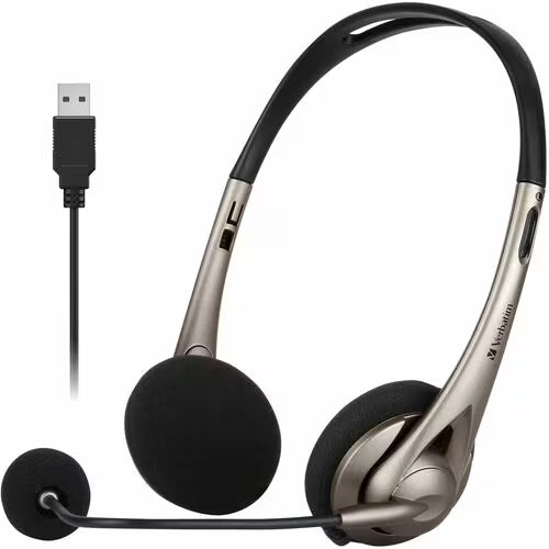 Verbatim Wired Over-the-head, On-ear Stereo Headset - Grey - Binaural - Supra-aural - 32 Ohm - 20 Hz to 20 kHz - 120 cm Cable - Omni-directional Microphone - USB