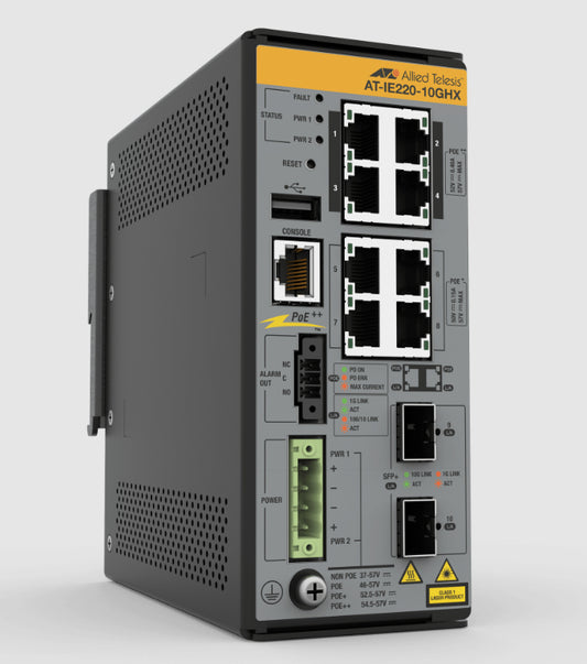 Allied Telesis 8x 10/100/1000T, 2x 1G/10G SFP+, Industrial Ethernet, Layer 2+ Switch, PoE++ Support