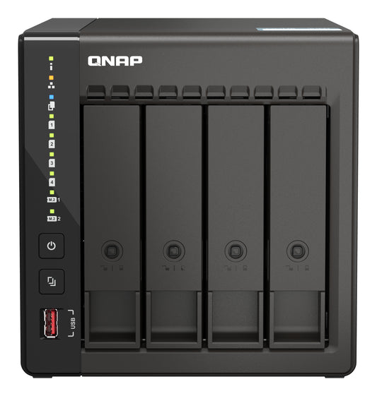 QNAP TS-453E-8G, 4-bay desktop NAS, Intel Celeron J6412 4C 2.0GHz, burst 2.6GHz, onboard 8GB RAM, 2 x HDMI 1.4b, 2x M.2 2280 PCIe slots, 2x 2.5GbE, 2 Years WTY