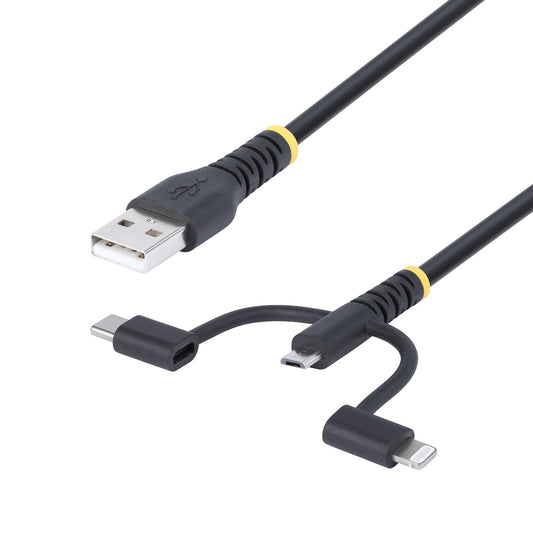 Star Tech 3.3ft (1m) Rugged USB Multi Charging Cable, USB to Lightning/Micro-USB/Type-C, Apple MFi Certified, Aramid Jacket, Universal 3-in-1 USB Charger Cord for iPhone/iPad/Android