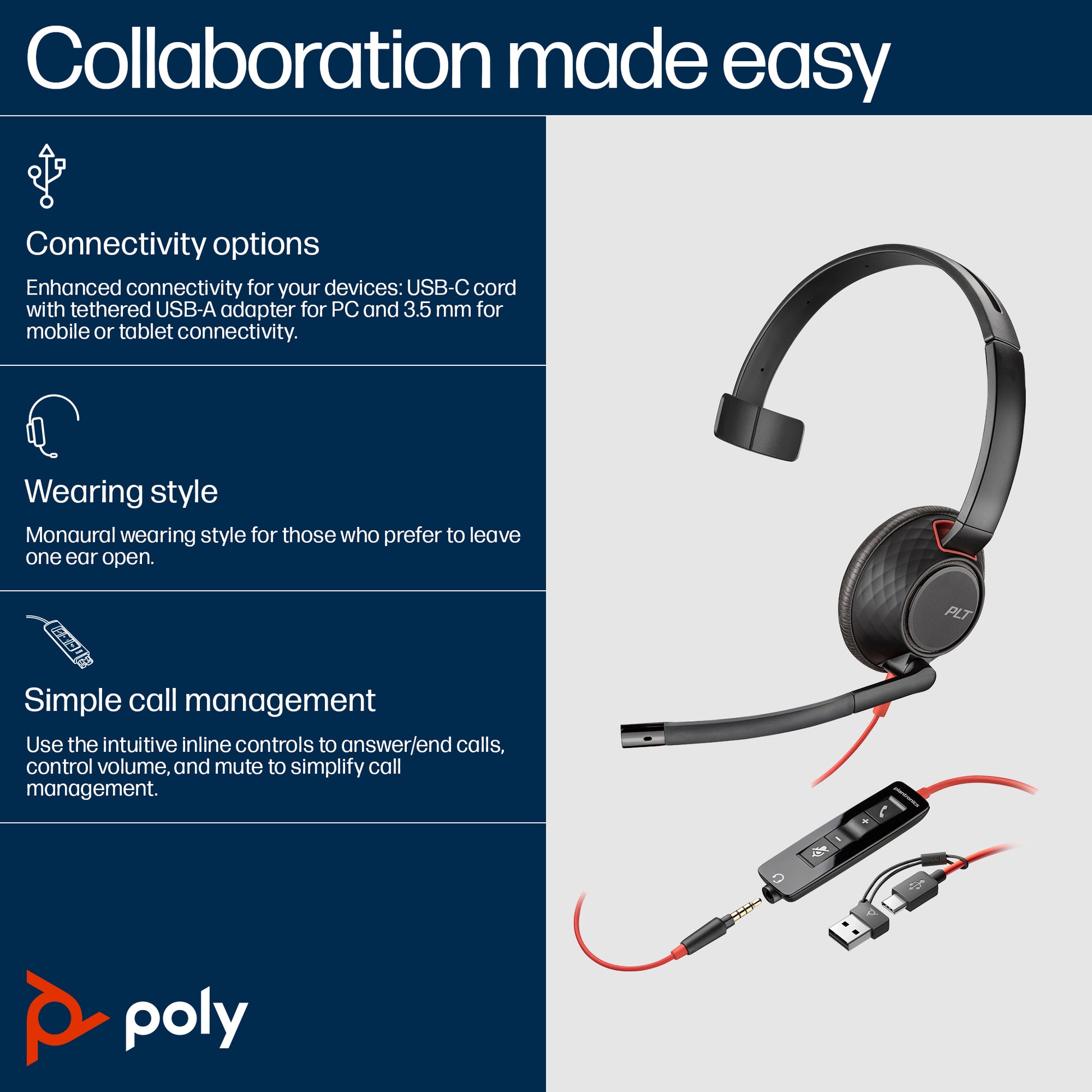 HP Poly Blackwire 5210 Monaural USB-C Headset +3.5mm Plug +USB-C/A Adapter (Bulk) product image