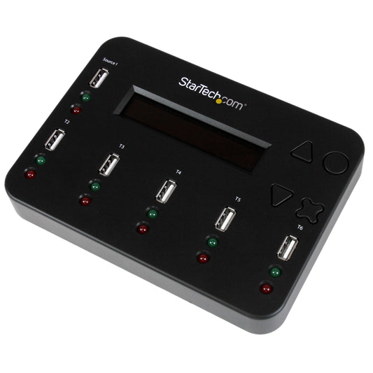 Star Tech Standalone 1 to 5 USB Thumb Drive Duplicator and Eraser, Multiple USB Flash Drive Copier, System and File and Whole-Drive Copy at1.5 GB/min, Single and 3-Pass Erase, LCD Display - TAA