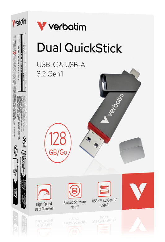 Verbatim Dual QuickStick USB flash drive 128 GB USB Type-A / USB Type-C 3.2 Gen 1 (3.1 Gen 1) Grey