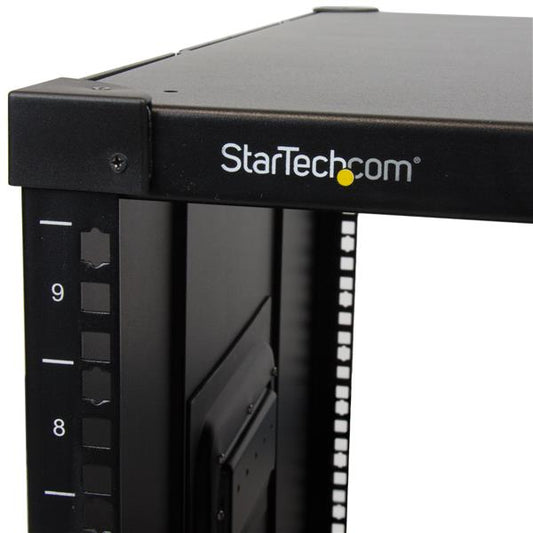 Star Tech 4-Post 9U Mobile Open Frame Server Rack, Four Post Network Rack with Wheels, 19" Rolling Rack for Home/Office Narrow Floor Spaces, Small Data Rack for Computer/AV/IT Equipment - TAA Compliant