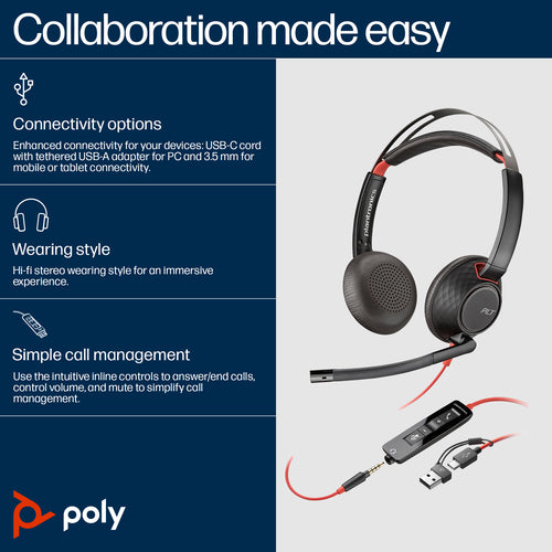 HP Poly Blackwire 5220 Stereo USB-C Headset +3.5mm Plug +USB-C/A Adapter