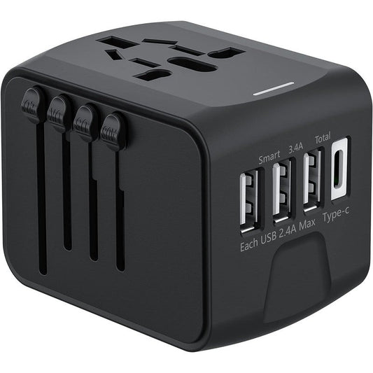 Global Travel Essential: All-in-One Universal Power Adapter with 2.4A USB & 3.0A Type-C - Fast Charging, Worldwide Plug Compatibility - Sleek Black