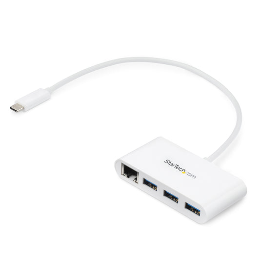 Star Tech 3-Port USB-C Hub with Gigabit Ethernet - USB-C to 3x USB-A - USB 3.0 Hub - White~3-Port USB-C Hub with Gigabit Ethernet - USB-C to 3x USB-A - USB 3.0 Hub - 5Gbps - White