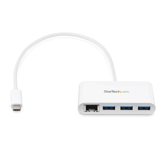 Star Tech 3-Port USB-C Hub with Gigabit Ethernet - USB-C to 3x USB-A - USB 3.0 Hub - White~3-Port USB-C Hub with Gigabit Ethernet - USB-C to 3x USB-A - USB 3.0 Hub - 5Gbps - White