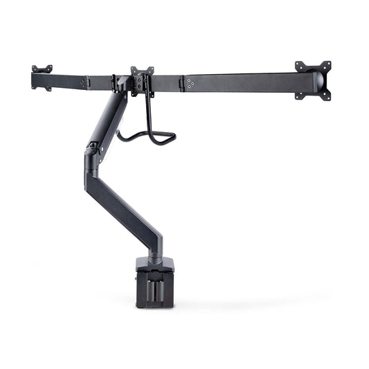 Star Tech Crossbar Triple Monitor Desk Mount For Up To Three 27in Screens, VESA 75x75/100x100, Tool-Less Arm Adjustments, C-Clamp/Grommet, Spring-Assisted Arm