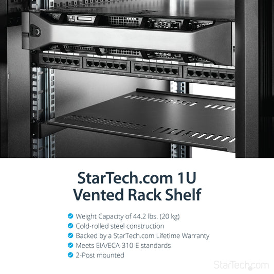 Star Tech 1U Server Rack Shelf - Universal Vented Rack Mount Cantilever Tray for 19" Network Equipment Rack & Cabinet - Heavy Duty Steel – Weight Capacity 44lb/20kg - 16" Deep Shelf, Black