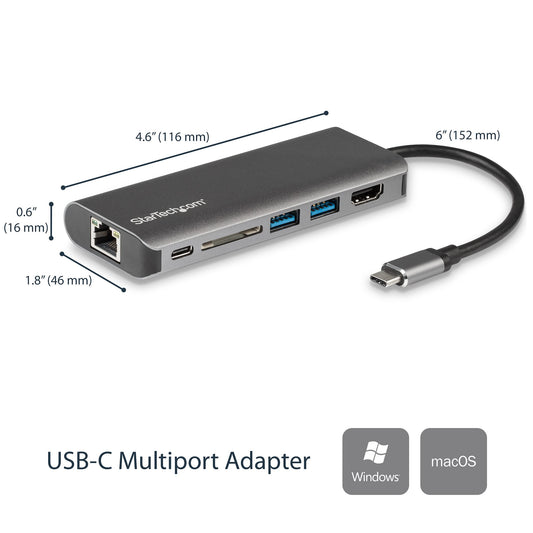 Star Tech USB C Multiport Adapter, Portable USB-C Dock to 4K HDMI, 2-pt USB 3.0 Hub, SD/SDHC, GbE, 60W PD Pass-Through - USB Type-C/Thunderbolt 3 - REPLACED BY DKT30CHSDPD1