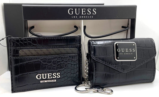 GUESS Card Wallet & Keychain Clutch Purse - Black Logo • 100% Authentic • Brand New with Tags