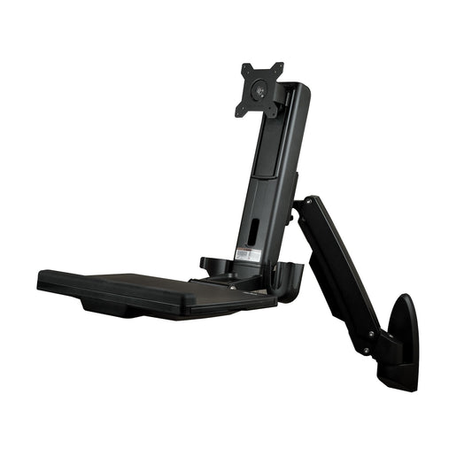 Star Tech Wall Mount Workstation - Articulating Full Motion Standing Desk with Ergonomic Height Adjustable Monitor & Keyboard Tray Arm - Mouse & Scanner Holders - Single VESA Display