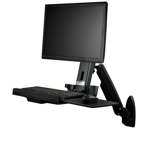 Star Tech Wall Mount Workstation - Articulating Full Motion Standing Desk with Ergonomic Height Adjustable Monitor & Keyboard Tray Arm - Mouse & Scanner Holders - Single VESA Display