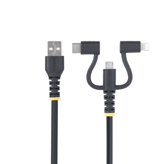 Star Tech 3.3ft (1m) Rugged USB Multi Charging Cable, USB to Lightning/Micro-USB/Type-C, Apple MFi Certified, Aramid Jacket, Universal 3-in-1 USB Charger Cord for iPhone/iPad/Android