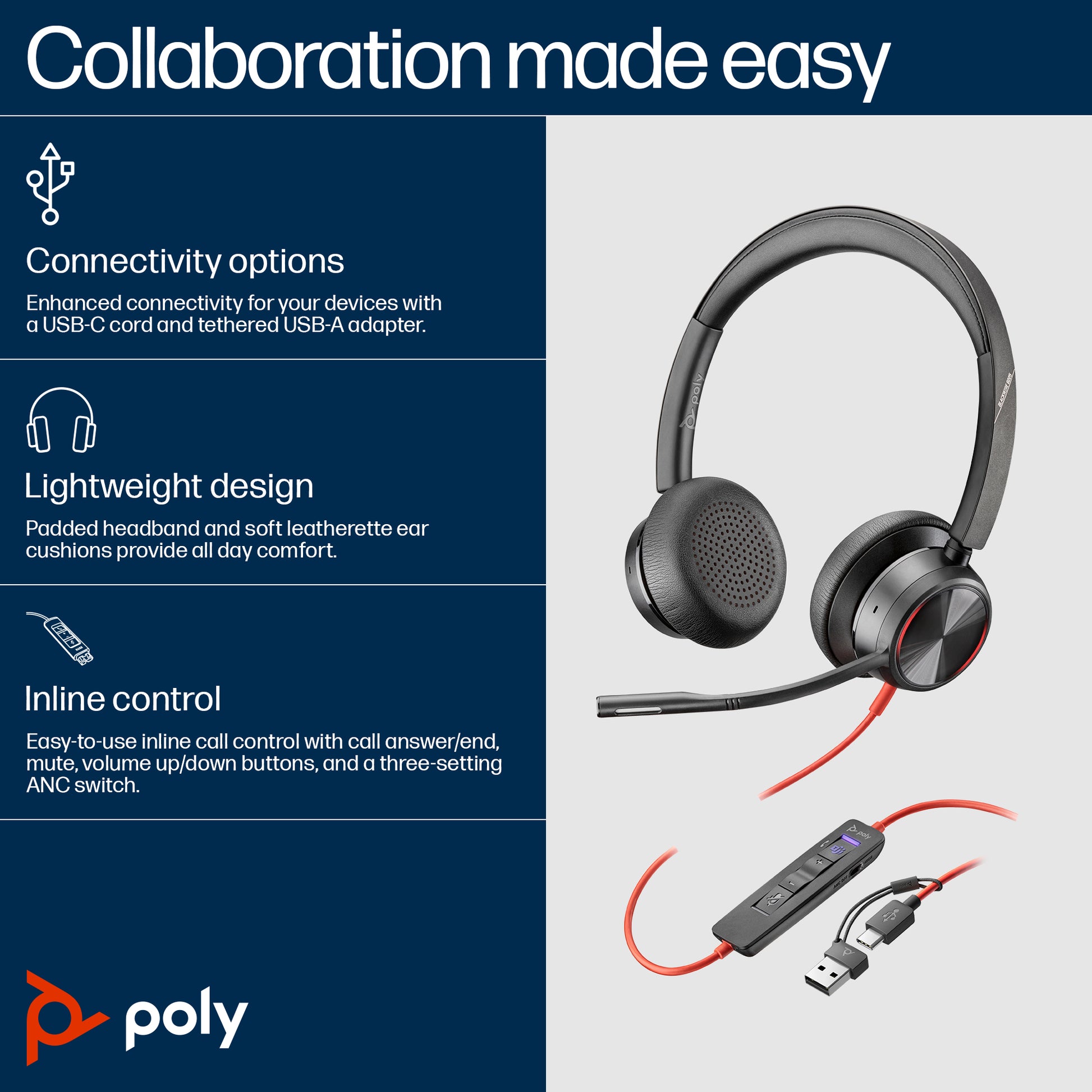 HP Poly Blackwire 8225 Stereo Microsoft Teams Certified USB-C Headset +USB-C/A Adapter
