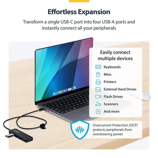 Star Tech 4-Port USB-C Hub, 5Gbps, Bus Powered, USB-C to 4x USB-A Mini Hub, Extra Long 2ft/61cm Host Cable, PCR Plastic, Portable Desktop / Laptop USB Hub