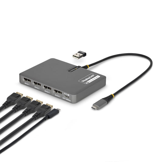 Star Tech USB-C to Quad-Monitor Workstation Adapter, 4K 60Hz DisplayPort, 140W PD Passthrough for Laptop Charging, USB Port for Wireless Keyboard / Mouse, TAA