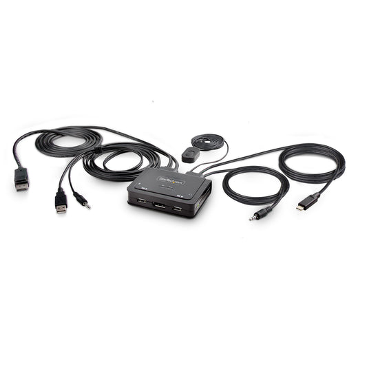 Star Tech 2-Port Hybrid USB-C DisplayPort Cable KVM Switch, 4K 60Hz, Compact KVM with 6ft/1.8m USB-A/DisplayPort/Audio & 4ft/1.2m USB-C Integrated Host Cables, Bus Powered - Remote Push Button/Hotkey Switching
