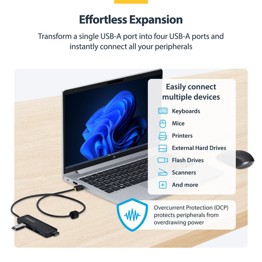 Star Tech 4-Port USB-A Hub, 5Gbps, Bus Powered, USB-A to 4x USB-A Mini Hub, Extra Long 2ft/61cm Host Cable, PCR Plastic, Portable Desktop / Laptop USB Hub