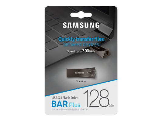 SAMSUNG (BAR PLUS) 128GB USB DRIVE, 300R/50W MB/s, USB 3.1, GREY METALLIC, 5YR WTY