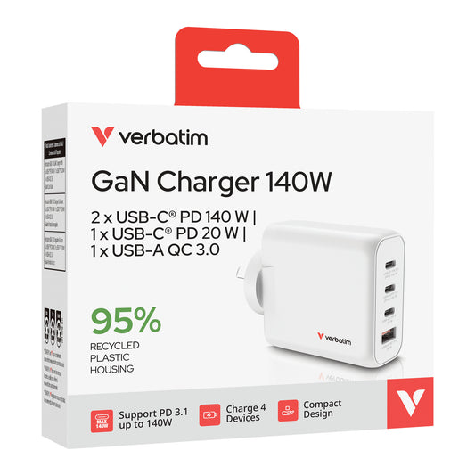 Verbatim GAN CHARGER 4 PORT 140W Universal White AC Fast charging Indoor