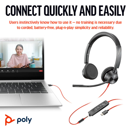 HP Poly Blackwire 3325 Stereo Microsoft Teams Certified USB-C Headset +3.5mm Plug +USB-C/A Adapter
