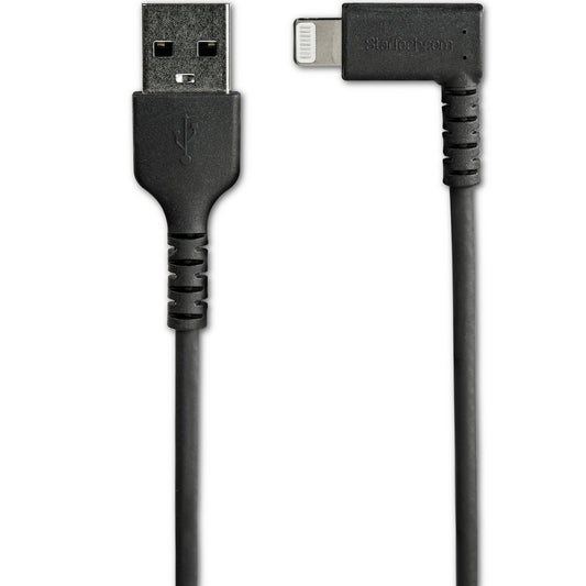 Star Tech 3ft (1m) Durable USB A to Lightning Cable - Black 90° Right Angled Heavy Duty Rugged Aramid Fiber USB Type A to Lightning Charging/Sync Cord - Apple MFi Certified - iPhone