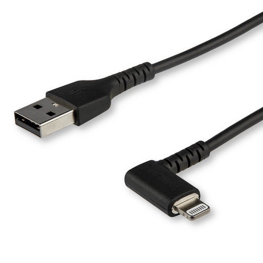 Star Tech 6ft (2m) Durable USB A to Lightning Cable - Black 90° Right Angled Heavy Duty Rugged Aramid Fiber USB Type A to Lightning Charging/Sync Cord - Apple MFi Certified - iPhone
