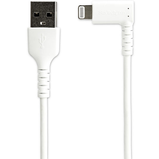 Star Tech 6ft (2m) Durable USB A to Lightning Cable - White 90° Right Angled Heavy Duty Rugged Aramid Fiber USB Type A to Lightning Charging/Sync Cord - Apple MFi Certified - iPhone