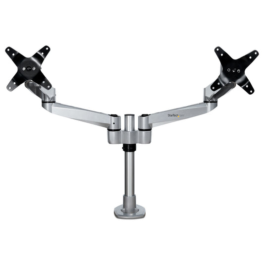 Star Tech Desk Mount Dual Monitor Arm - Premium Articulating Monitor Arm - up to 30” VESA Mount Displays - Height Adjustable Monitor Mount - Rotate/Tilt/Swivel - Clamp/Grommet - Silver