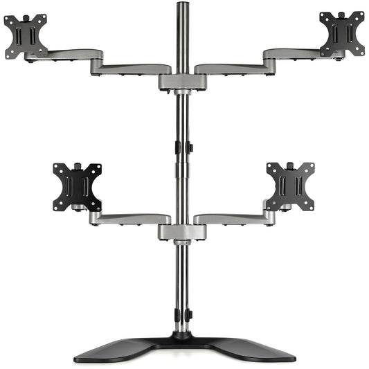 Star Tech Desktop Quad Monitor Stand - Ergonomic VESA 4 Monitor Arm (2x2) up to 32" - Free Standing Articulating Universal Pole Mount - Height Adjustable/Tilt/Swivel/Rotate - Silver