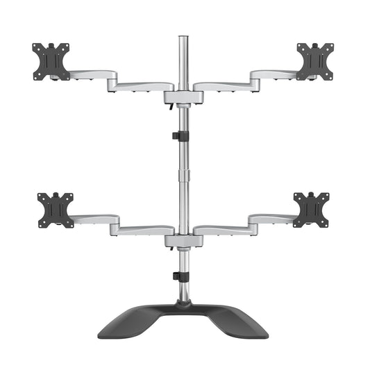 StarTech Desktop Quad Monitor Stand - Ergonomic VESA 4 Monitor Arm (2x2) up to 32" - Free Standing Articulating Universal Pole Mount - Height Adjustable/Tilt/Swivel/Rotate - Silver