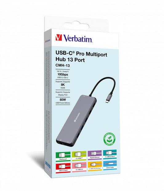 Verbatim CMH-13 USB Type-C 10000 Mbit/s Pro 13-Port Multiport Hub Silver