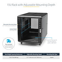 Star Tech 4-Post 15U Server Rack Cabinet, Lockable 19" Data Rack Cabinet for Computer / AV / IT Equipment, Office / Home Network Rack with Casters & Adjustable Mounting Rails