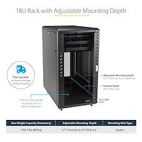 Star Tech 4-Post 18U Server Rack Cabinet, Lockable 19" Data Rack Cabinet for Computer / AV / IT Equipment, Office / Home Network Rack with Casters & Adjustable Mounting Rails