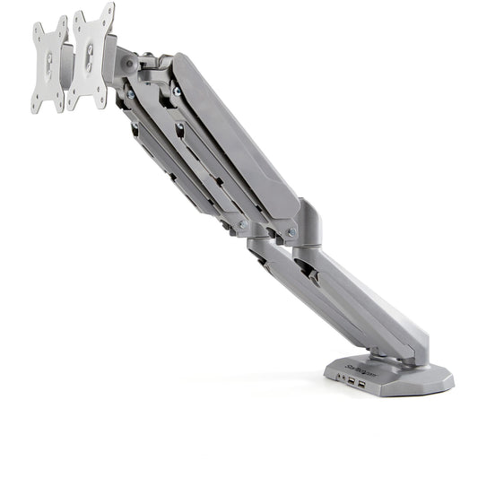 Star Tech Desk Mount Dual Monitor Arm with USB & Audio - Desk Clamp VESA Mount for up to 32 inch Displays - 2x USB, 2x 3.5mm audio - Ergonomic Full Motion Dual Monitor Arm - Silver