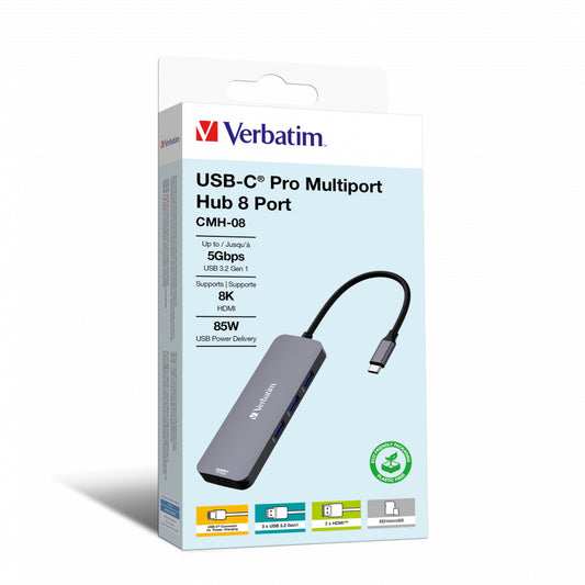 Verbatim CMH-08 USB Type-C 5000 Mbit/s Pro 8-Port Multiport hub Silver