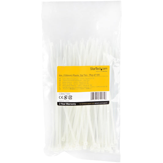 Star Tech 100-Pack 6"(15cm) Cable Ties - 1/8"(3.6mm) wide, 1-3/8"(39mm) Bundle Diameter, 40lb(18kg) Tensile Strength, Nylon Self Locking Zip Ties with Curved Tip, UL Listed, White - TAA