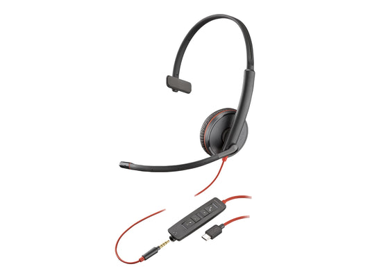 HP POLY BLACKWIRE C3215 UC MONO CORDED HEADSET, 3.5MM & USB-A WITH CARRY CASE