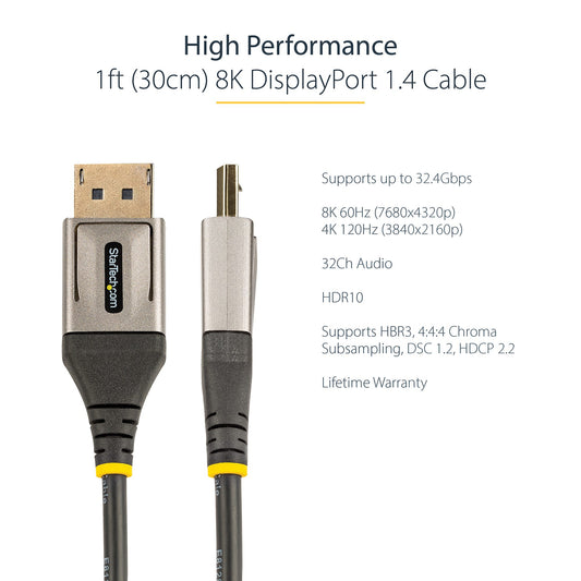 Star Tech 1ft (30cm) DisplayPort 1.4 Cable - 8K 60Hz HDR10 - Ultra HD 4K 120Hz Video - DP 1.4 Cable / Cord - For Monitors/Displays - DisplayPort to DisplayPort Cable - M/M