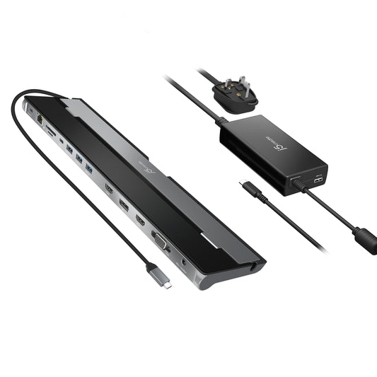 j5create JCD543P USB-C® Triple Display Docking Station with 100W PD Adapter - UK, Silver and Black