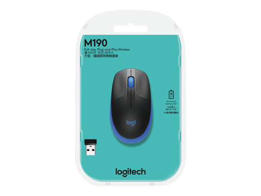 LOGITECH M190 WIRELESS MOUSE PLUG AND PLAY, 2.4GHZ NANO RECEIVER - BLUE - 1YR WTY