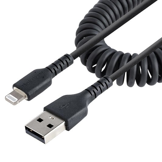 Star Tech 50cm (20in) USB to Lightning Cable, MFi Certified, Coiled iPhone Charger Cable, Black, Durable TPE Jacket Aramid Fiber, Heavy Duty Coil Lightning Cable