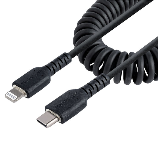 Star Tech 1m (3ft) USB C to Lightning Cable, MFi Certified, Coiled iPhone Charger Cable, Black, Durable TPE Jacket Aramid Fiber, Heavy Duty Coil Lightning Cable