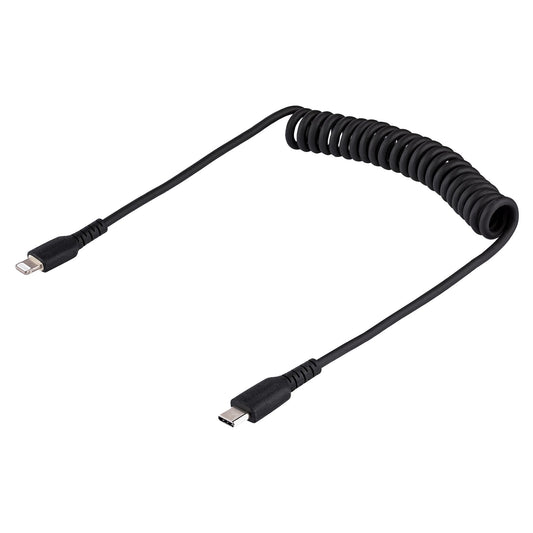 Star Tech 1m (3ft) USB C to Lightning Cable, MFi Certified, Coiled iPhone Charger Cable, Black, Durable TPE Jacket Aramid Fiber, Heavy Duty Coil Lightning Cable