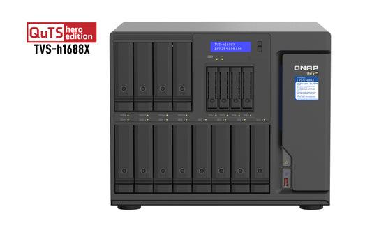 QNAP TVS-h1688X-W1250-32G,16-Bay TurboNAS(12 x 3.5" HDD+ 4 x 2.5" SSD),SATA 6G,Intel Xeon W-1250 6 cores/12 threads 3.3 GHz(boost up to 4.7 GHz),32GB DDR4, 3 Yr
