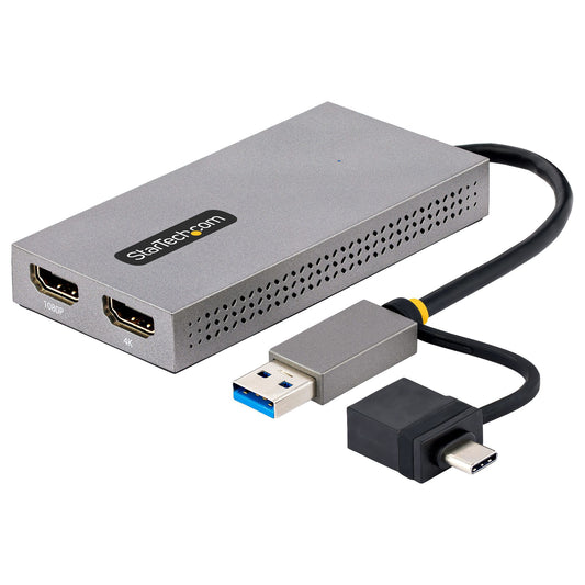 Star Tech USB to Dual HDMI Adapter, USB A/C to 2x HDMI Displays (1x 4K30Hz, 1x 1080p), Integrated USB-A to C Dongle, 4in/11cm Cable, USB 3.0 to HDMI Display Adapter, Windows & macOS